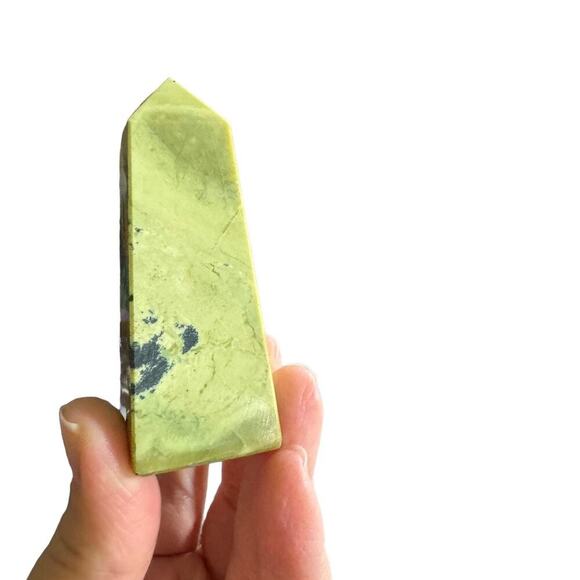 Lime Green Serpentine Tower with Pyrite Pointed Crystal Tower Obelisk Home Decor - Picture 3 of 11